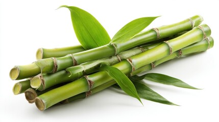 Fototapeta premium Bamboo stalks are arranged neatly alongside their glossy green leaves, showcasing their natural beauty and versatility for cooking or decoration.