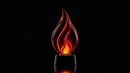 Elegant glass flame sculpture with glowing orange light on black background, modern art trophy design, award concept