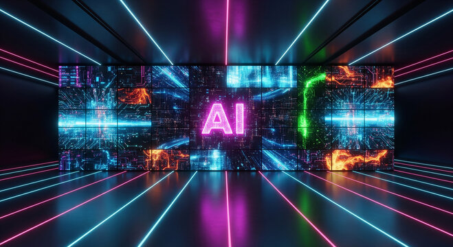 A futuristic neon tunnel with the word ai glowing in the center, creating a vibrant and immersive experience with colorful lights