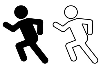 Running person pictogram, side view, 4-head body proportion. Black and white icon set with filled and outline styles. Ideal for exercise, sports, logistics, emergency, and public signage. ランニングアイコン素材。