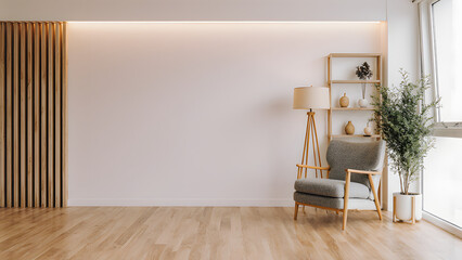 Fototapeta premium Serene Interior: A minimalist living space with a warm, inviting atmosphere, showcasing elegant simplicity and modern design elements. 