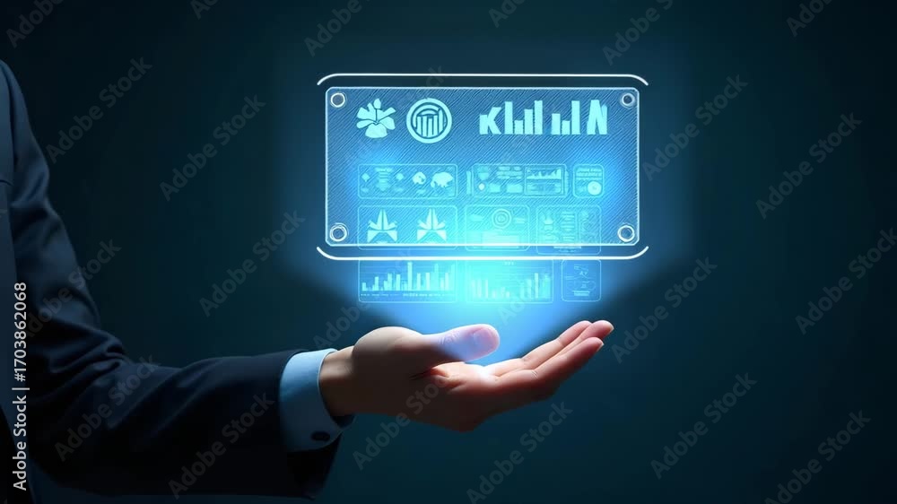 Poster flat hand holding holographic device displaying glowing performance dashboard with kpi metrics in em