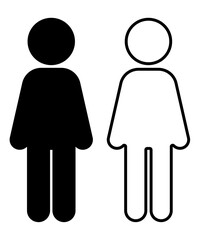 Standing person in “attention” posture pictogram, front view. Black and white icons in solid and outline. Useful for signage, education, military, and posture illustration. 気をつけ姿勢のアイコン素材です。