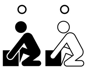 Black and white pictogram of a person lifting a box with proper posture, shown in solid and line art. Suitable for warehouse, logistics, delivery, and workplace safety illustrations.