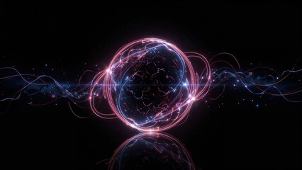 Futuristic glowing sphere with neon light trails and digital energy waves on black background