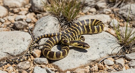 Naklejka premium Striped snake on rocks outdoors.
