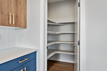 Blue kitchen with a white pantry