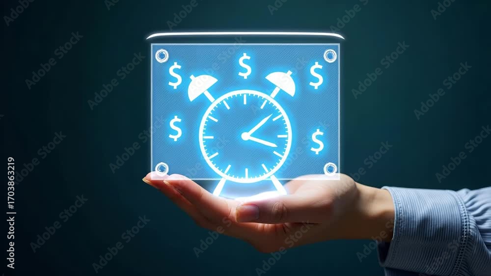 Poster Flat Hand holding holographic clock with dollar signs representing time management productivity and the value of time in business in empty space concept as Hand holds holographic clock surrounded by d