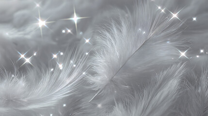 White feathers floating with sparkling bubbles on bright background creating dreamy soft ethereal elegant delicate abstract wallpaper design