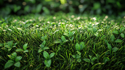 Growing green lush grass and vibrant leaves in a natural garden setting close-up view nature photography