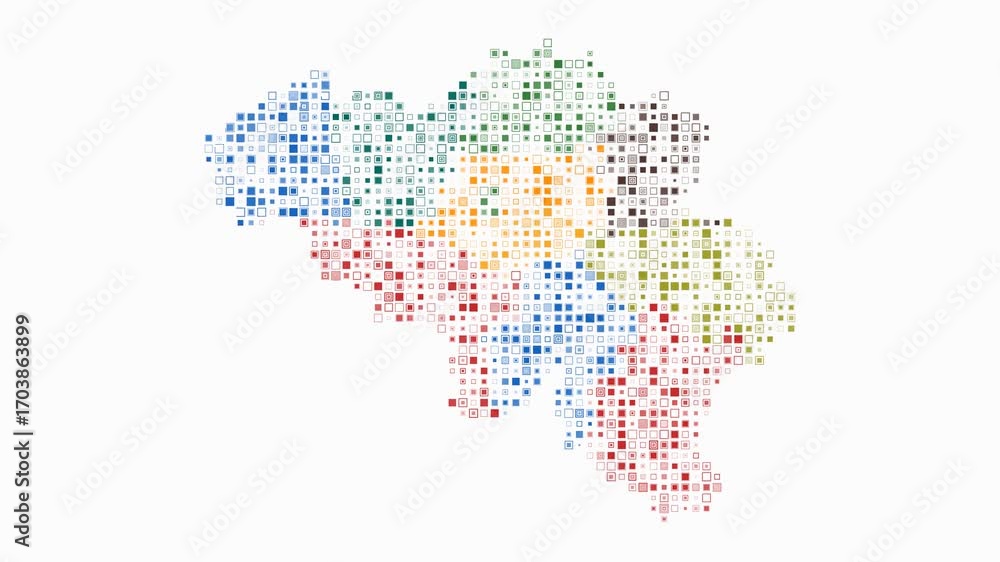 Poster belgium map animation. shape of the country with pulsating colored dots. small size square blocks. d