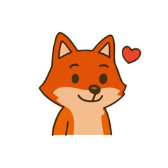 Cute fox cartoon illustration with heart. Adorable red fox animal character smiling. Happy fox mascot cartoon with love.