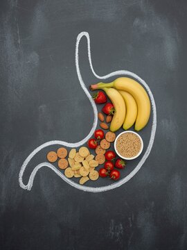 Naklejki  human stomach drawn in white chalk on a dark gray chalkboard background. Inside the chalk outline, a variety of healthy foods are arranged to fill the shape of the stomach. 