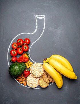 Naklejki  human stomach drawn in white chalk on a dark gray chalkboard background. Inside the chalk outline, a variety of healthy foods are arranged to fill the shape of the stomach. 
