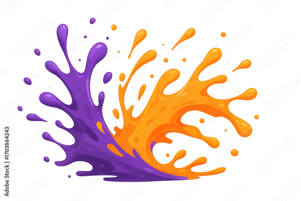Poster paint droplets merging in vivid orange and purple, generating dynamic fluid splash pattern against t