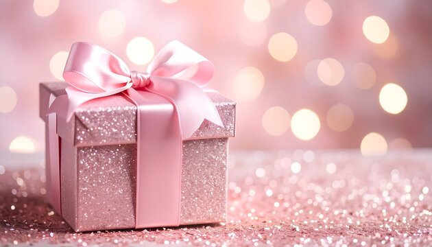 Pink gift box with a ribbon bow,  sparkly surface, soft pink bokeh background - Powered by Adobe