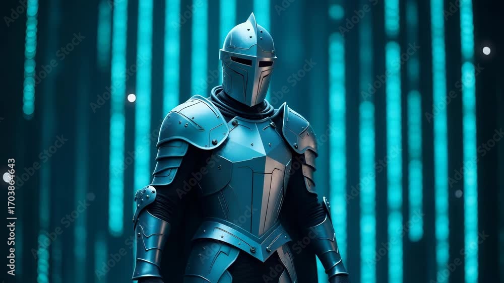 Poster flat knight in digital armor: a cute vector illustration symbolizing cybersecurity and advanced data