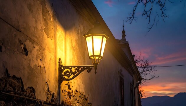 Old building at twilight with a lit lantern