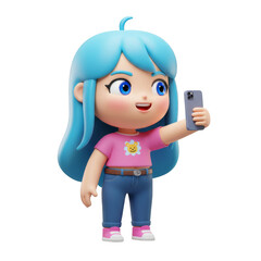 Cartoon Young Girl with Light Blue Hair Taking Selfie with Smartphone on Transparent Background