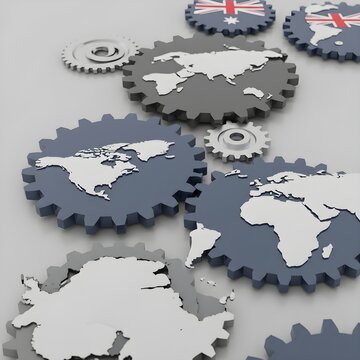 Global gears � world map connections with interlocking gears turning together, One gear labeled "Trade" turning another labeled "Culture".