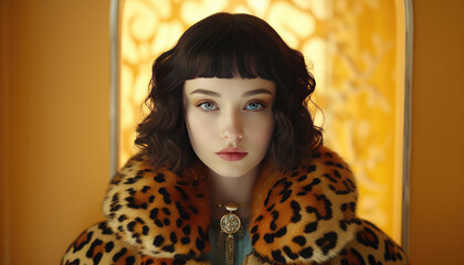 Leopard print fashion shoot featuring attractive female model in yellow light studio