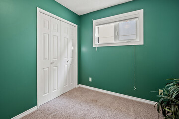 Small room with a green wall and a white door