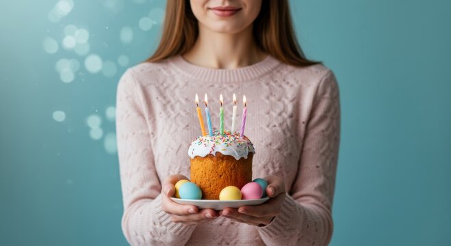 Young woman holding decorated birthday cake with candles and eggs  