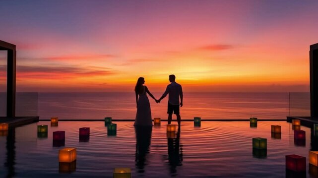 Couple at Sunset Pool Romance