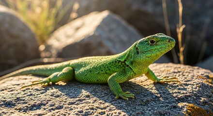 Fototapeta premium Vibrant green lizard basking on a sun-drenched rock.
