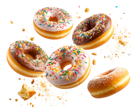 Single Donut with Bright Sprinkles Floating and Rotating, Minimalist PNG