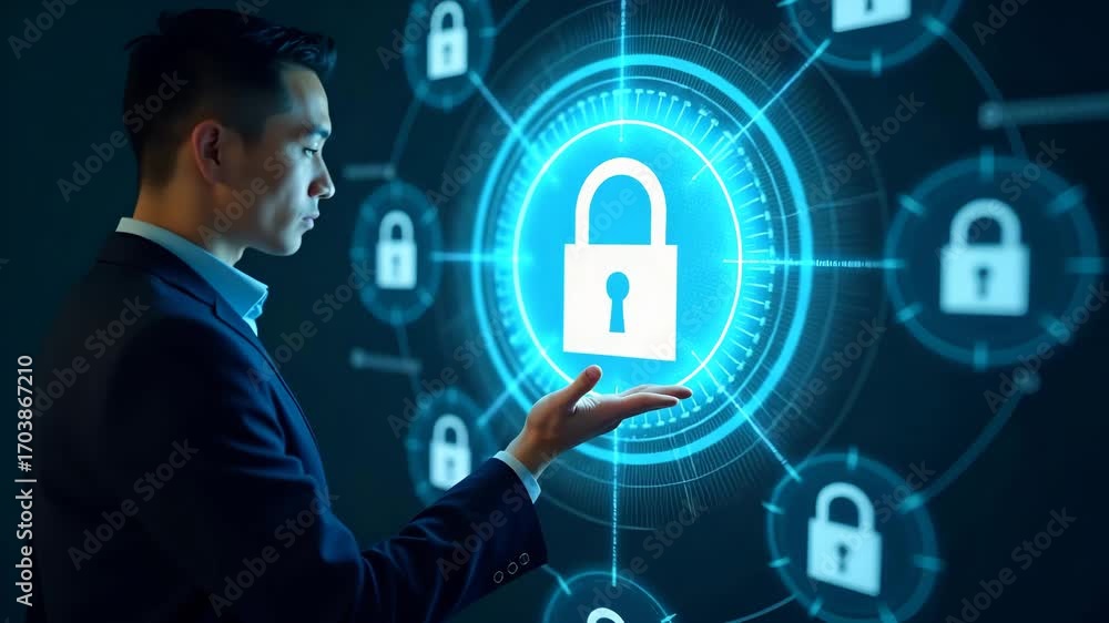 Poster business professionals engaging with global network security technology: encryption & padlock icons 