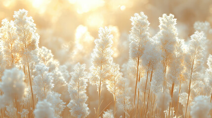 Golden sunrise illuminates frosted grasslands nature scene early morning serenity tranquil environment