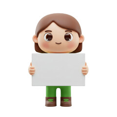 Cartoon Character Holding Blank White Sign with Brown Hair and Green Pants on Transparent
