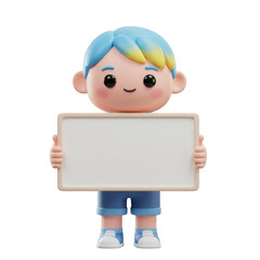 Cartoon Boy Holding Blank White Sign Board Transparent Background 3d Rendering