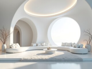 Modern minimalist living room with curved white furniture, large circular window, and soft decor