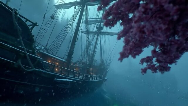 Old ship foggy night