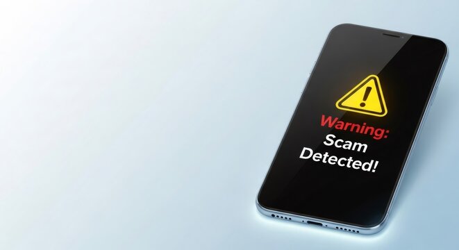 Smartphone displaying "warning scam detected" message. Concept of online security, fraud protection, digital safety, and cybersecurity awareness. - Powered by Adobe