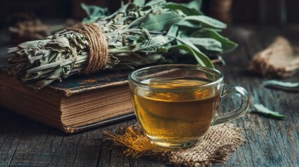 Warm herbal tea made from fresh sage leaves is prepared in a glass cup alongside an antique book, creating a cozy atmosphere in a rustic environment.