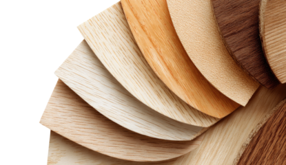 Wood veneer samples arranged in a circular, fan-like pattern, showcasing a variety of light and dark wood tones