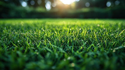 Naklejka premium Morning sunlight illuminates lush green grass in a tranquil outdoor setting nature photography focus