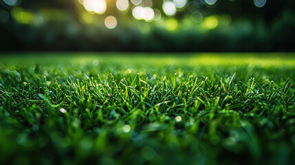 Naklejka premium Morning dew on lush grass outdoor garden nature photography calm environment close-up view serenity concept