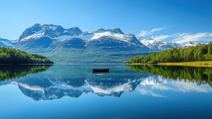 Fototapeta premium Serene lake with snow mountain reflection symmetry, natural landscape wallpaper poster design material, travel vacation outdoor ecology photography