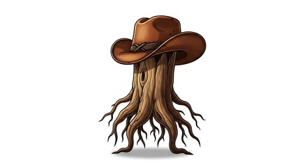 Anthropomorphic tree with cowboy hat and roots for legs