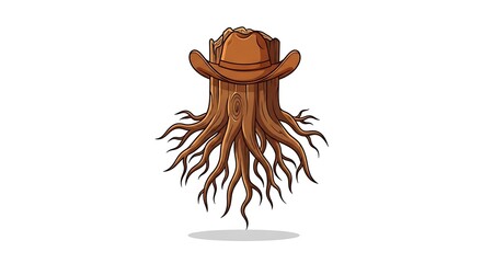 Cartoon tree stump with cowboy hat and exposed roots