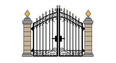 Ornate black wrought iron gate with stone pillars and flame finials