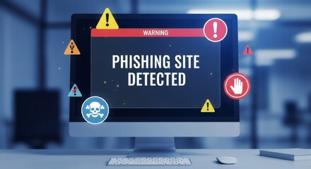 Computer monitor showing phishing site detected warning. Cybersecurity concept for protecting online data and digital privacy from internet fraud.