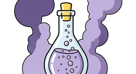 Bubbling potion in a glass bottle with purple smoke