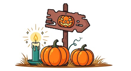 Halloween signpost with jack o lantern and pumpkins and candle