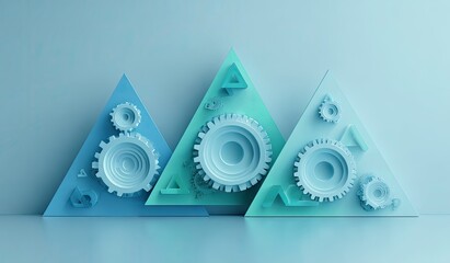 Abstract gears on pastel blue triangles