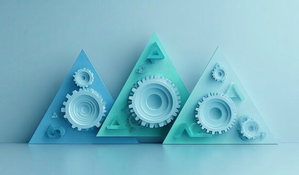 Abstract gears on pastel blue triangles